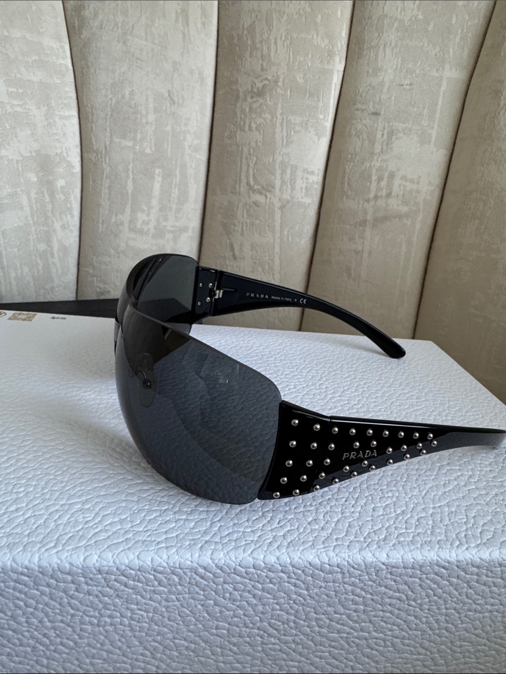 Prada Black Shield Sunglasses with Silver Stud Accents